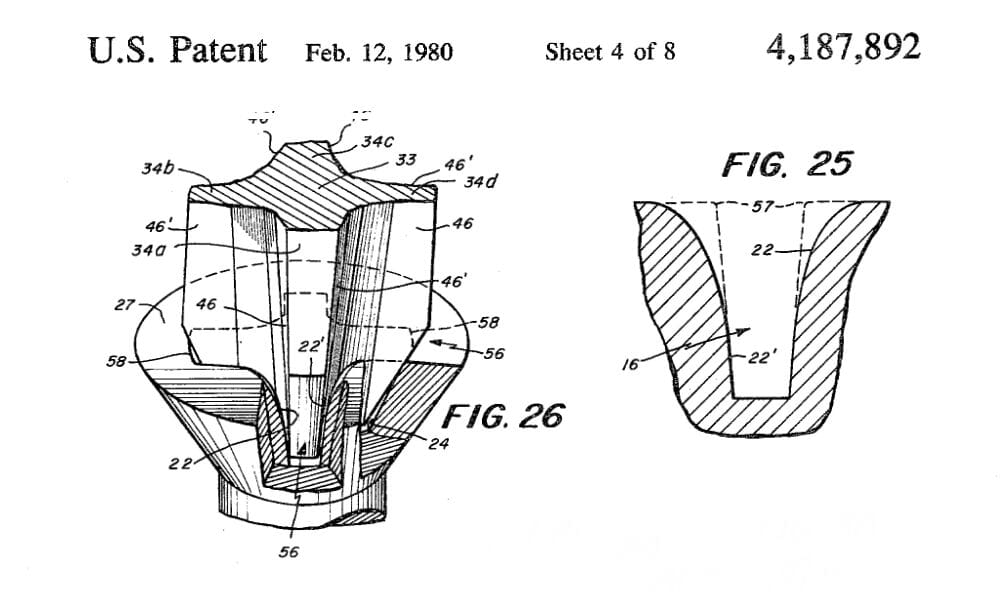 Una representación de caída de metal tomada de una patente de Phillips de 1980.  La Fig. 25 muestra la deformación provocada por el desprendimiento del metal.