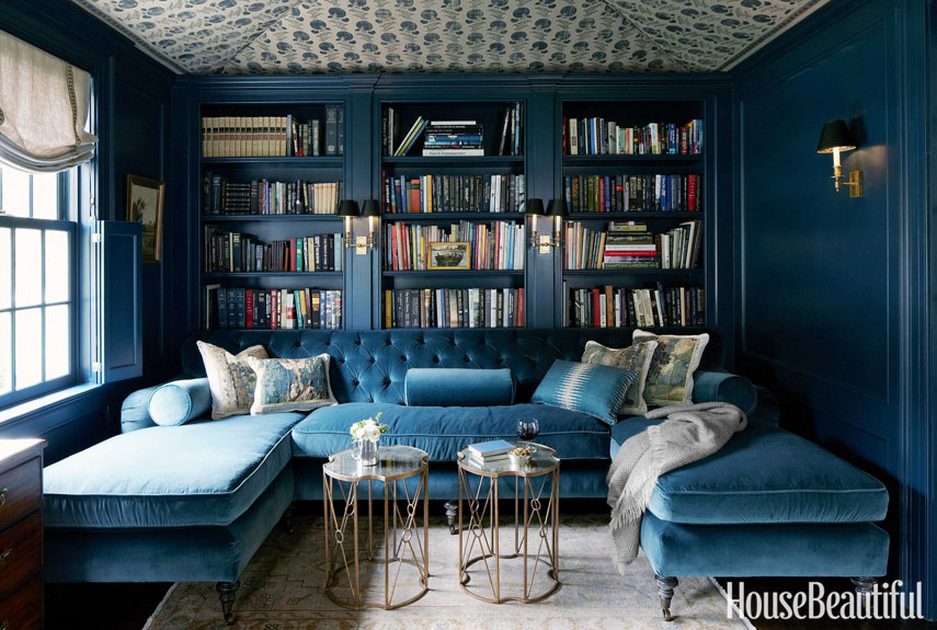 sofá seccional sofá capitoné de terciopelo azul biblioteca